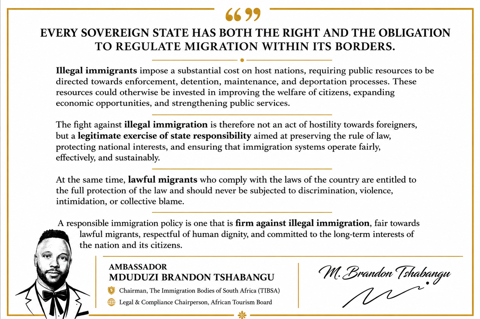 Statement graphic: Every sovereign state has both the right and the obligation to regulate migration within its borders — by Ambassador Mduduzi Brandon Tshabangu.