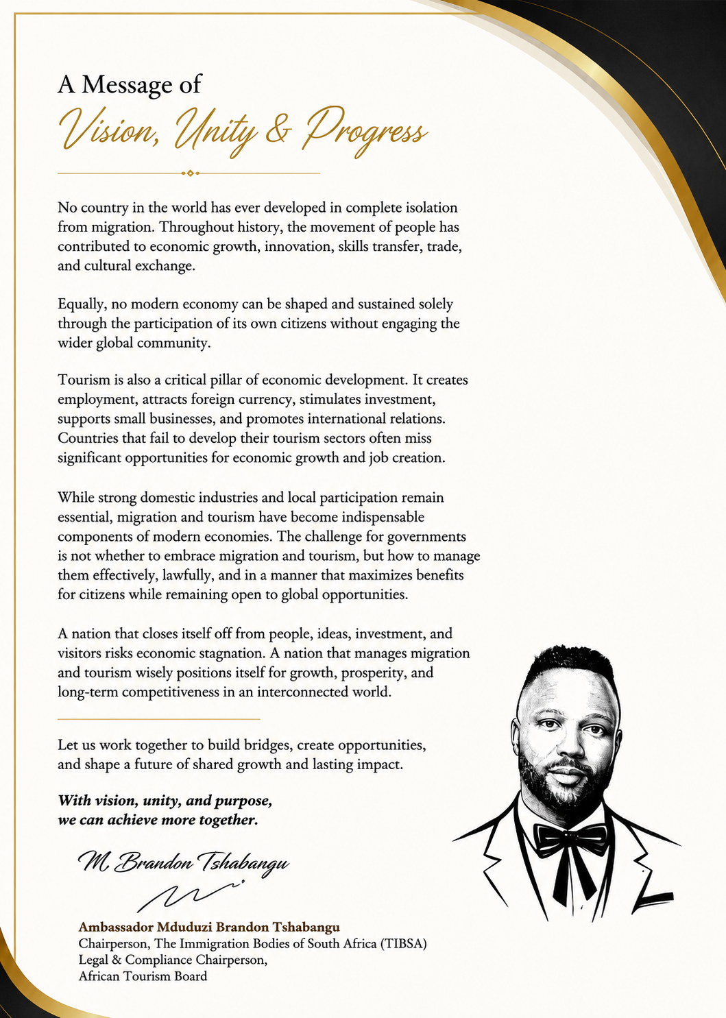 A Message of Vision, Unity & Progress — formatted message and signature from Ambassador Mduduzi Brandon Tshabangu, Chairperson of The Immigration Bodies of South Africa (TIBSA) and Legal & Compliance Chairperson of the African Tourism Board.